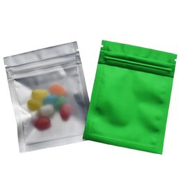 100 Unids / lote 7 5 10 cm Verde Mylar Frosted Zip Lock Paquete frontal transparente Bolsas Papel de aluminio Bolsa de alimentos resellable Cápsula Almacenamiento de dulces 1901