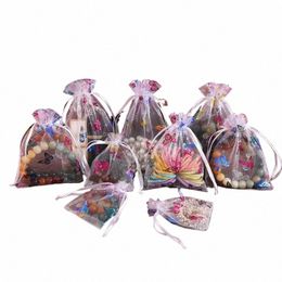 100pcs/lote 7x9cm 9x12cm 10x15cm Butterfly Blanco Organza Bolsas con cordón para joyas Candy Packing Bag Bag Smanting V40R#