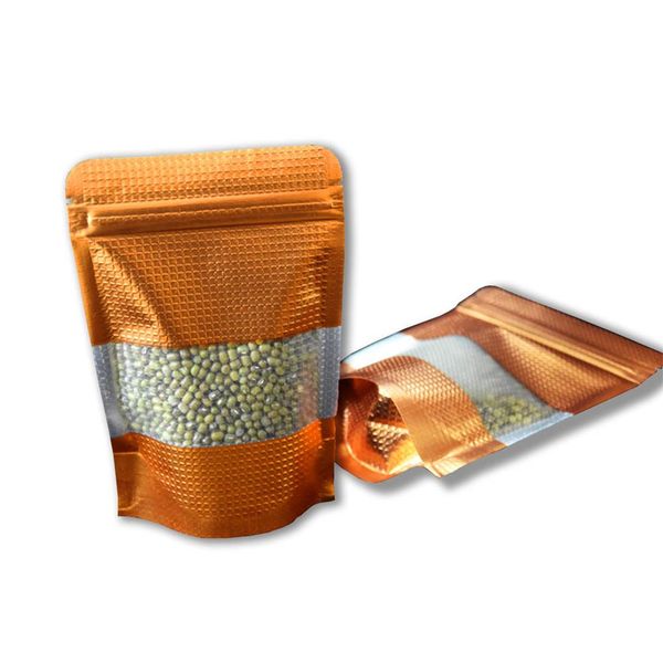 100 Unids / lote 9 13 cm Oro Stand Up Doypack Papel de aluminio ZipLock Paquete de alimentos Bolsas Heat Sear Open Top en relieve con ventana Reclosable272f