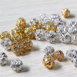 100 unids / lote cuentas de cristal de aleación 8 mm 10 mm oro plata redonda pavimenta cuentas de bolas de discoteca cuentas espaciadoras de cristal de diamantes de imitación para joyería DIY Fi212x