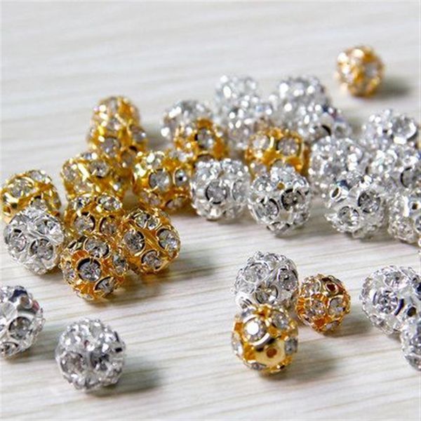 100 unids / lote cuentas de cristal de aleación 8 mm 10 mm oro plata redonda pavimenta cuentas de bolas de discoteca cuentas espaciadoras de cristal de diamantes de imitación para joyería DIY Fi282w