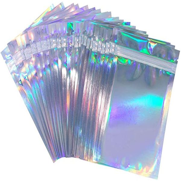 100 pcs/lot sac de papier d'aluminium en plastique holographique odeur preuve sacs refermable fermeture éclair pochette cosmétique paquet pour le stockage des aliments