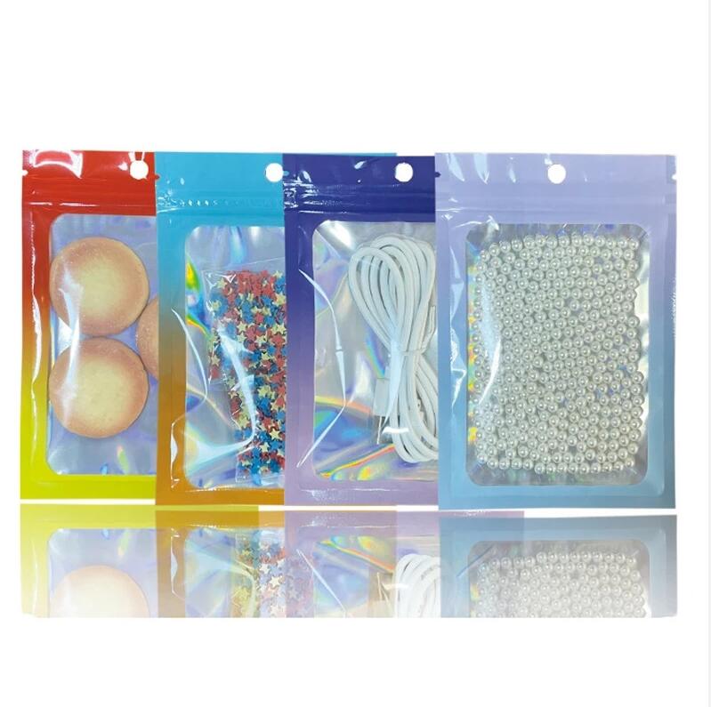 100 st mycket aluminiumfolie blixtlåsväskor holografiska matlagringspåsar gradient färg återlämnbar självförsegling förpackningspåse