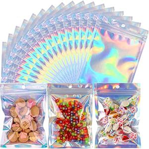 100 stks partij aluminium pouch plastic verpakking zakken holografische rits hersluitbare opbergtas met opknoping gat voor voedsel snack