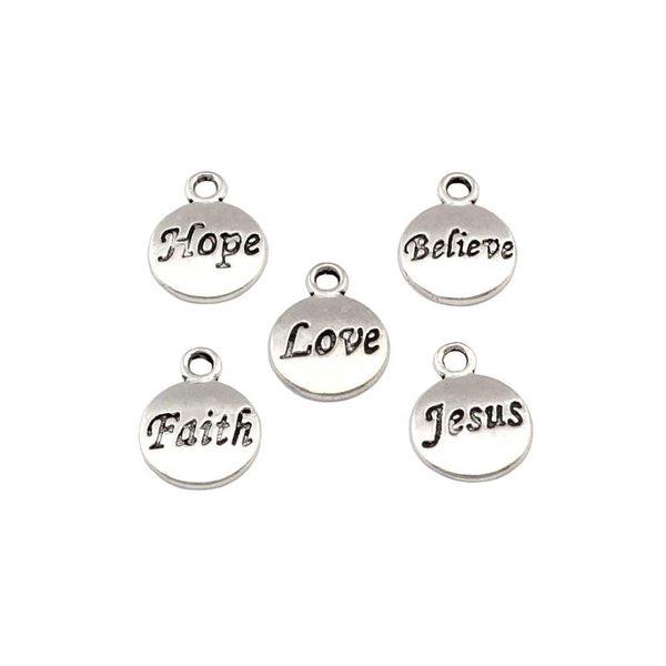 100pcs Lot Antigua Silver Hope Believe Faith Amor Jesus Charms Pendants para joyas que fabrican el collar de brazalete hallazgos 11 5x15 5 mm 324e