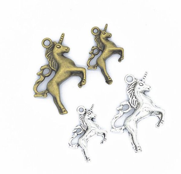 100 unids/lote Chapado en plata antigua unicornio caballo encantos colgante pulseras collar joyería hallazgos accesorios hacer manualidades DIY 27x20mm