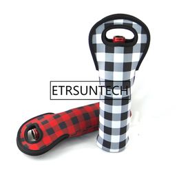 100 stks / partij honkbal kerst rode check wijnzak groothandel blanco's neopreen buffalo plaid cooler covers bruiloft cadeau wraps