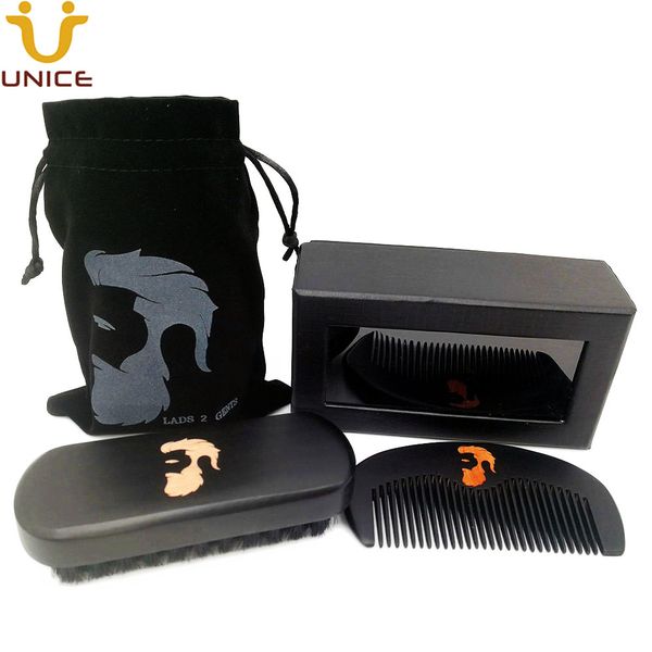 MOQ 100 sistemas del kit de cuidado de la barba negro cepillo de pelo facial bolsa peine kits de logotipo personalizado en caja de regalo