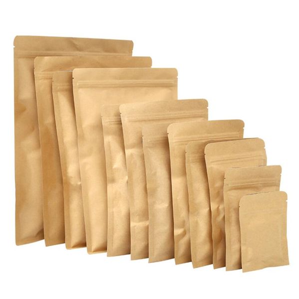 100 unids/lote bolsa de papel Kraft marrón bolsa de papel de aluminio comida té aperitivos almacenamiento de café bolsas resellables embalaje a prueba de olores