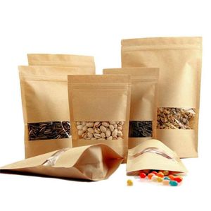 100 unids / lote Bolsa de papel Kraft marrón Cremallera Stand Up Bolsas de comida con ventana transparente transparente Bolsas reutilizables para comida Té Café