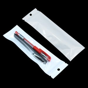 100pcs / lot 6x22cm blanc clair fermeture à glissière auto-scellable pour crayon à sourcils stylo écouteur stockage sac en plastique sac à fermeture à glissière paquet pochette accrocher trou