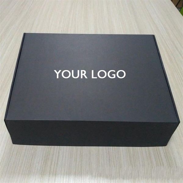 100pcs / lot boîtes en carton ondulé noir personnalisé avec logo boîte postale emballage vêtements perruques de cheveux gift223w