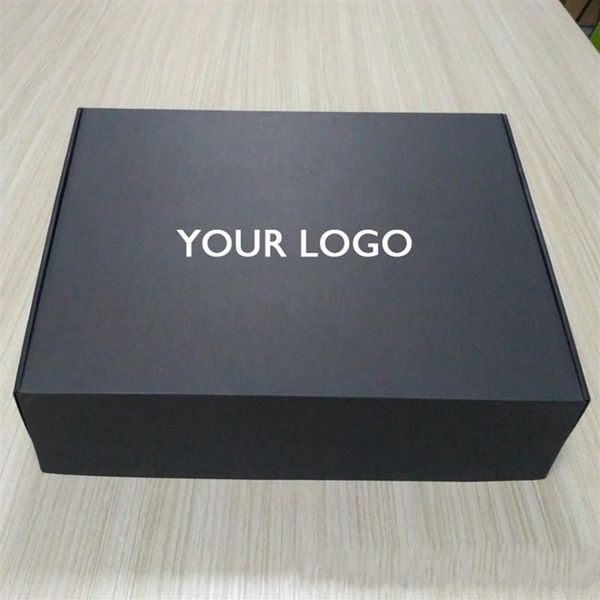 100 pièces / lot boîtes ondulées noires personnalisées avec logo boîte postale emballage vêtements perruques de cheveux cadeau 196x