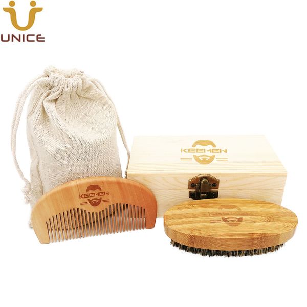 MOQ 50 PCS LOGOTIPO personalizado Peines de madera Cepillo de bambú con cerdas de jabalí Kits de cuidado de barba en caja de regalo y bolsa de lino para Amazon