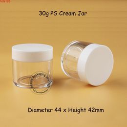 100 stks / partij Lege 30G Plastic Facial Cream Jar 30ml PS Cosmetische Container Oogschaduw Fles 1oz Hervulbare Wit Deksel Verpakking Aantal