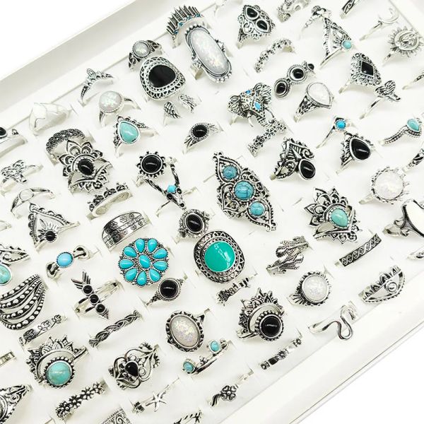 100pcs / lot usine en gros femmes anneaux de doigt pour le mix de fête bijoux strass de serpent faux opale pierre noire bleu émail