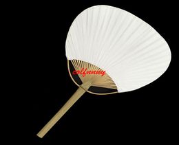 100 stks / partij Snelle Verzending Wit Ronde Hand Fans met Bamboe Frame en Handvat Bruiloft Gunsten Geschenken Geschenken Peddel Papieren Ventilator F053101