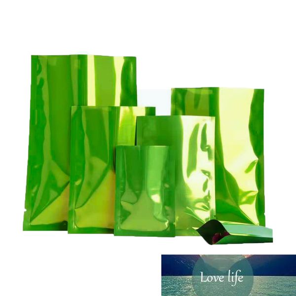 Sachets en aluminium Mylar vert brillant, 100 pièces/lot, sachet supérieur ouvert, thermoscellé sous vide, encoche à déchirer, pochettes d'emballage alimentaire jetables pour thé au chocolat