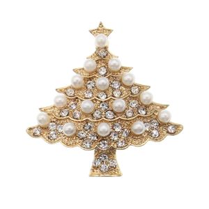 100 stcs/lot Gold Tone Christmas Tree Broches Crystal Rhinestone Pearl Pin Broche