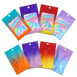 100pcs / lot Gradient Color Flat Zipper Bags Holographic Aluminium Foil Pouch Jewelry Cosmetics Gift Retail Bags with Hang Hole