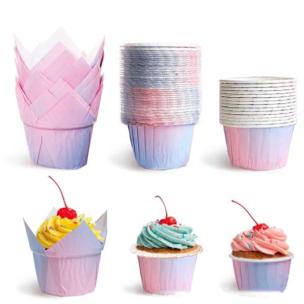 100 unids / lote Gradient Cupcake Liner Cake Baking Cup Tray Case Papel a prueba de aceite Tulip Muffin Wrappers Postre Titular Fiesta Boda Navidad JY1140