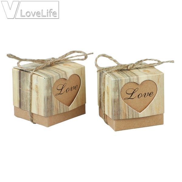 100pcs/lot Heart Candy Box for Wedding Decoration Romantic Vintage Kraft Wedding Box Favors and Gift Box with Burlap Twine Chic 220420