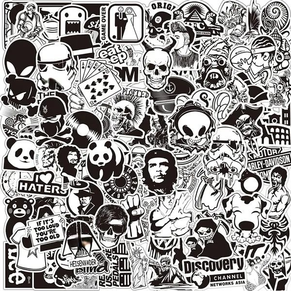 100pcs/lote Película de terror Cool Sticker en blanco y negro sin repetición de calcomanías impermeables para el agua Pegatina de la computadora portátil Pegatina de vinilo DIY