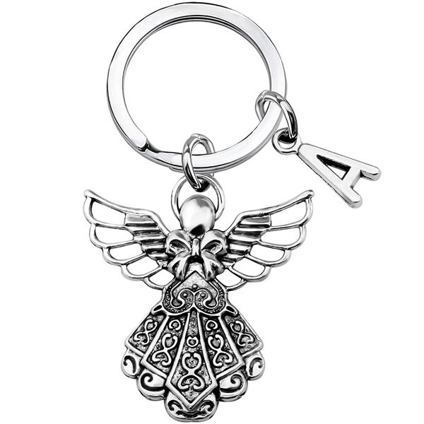 100pcs / lot clés Anneau de trousseau bijoux en argent plaqué 26 Lettres anglaises Guardian Angel Wings Charms Pendant Accessoires Clé