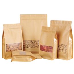 100 stks / partij Kraftpapier Verpakking tas Herbruikbare stand-up opslag pouch pakket tas met raam voor het opslaan van snacks thee eten