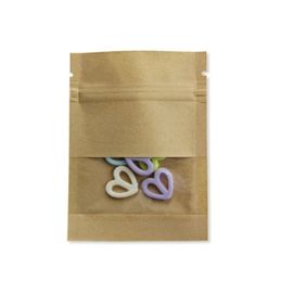 100 stks / partij Kraft Papieren Bag Herbruikbare Self Seal Rits Pouch Ruck Proof Sample Tassen met venster