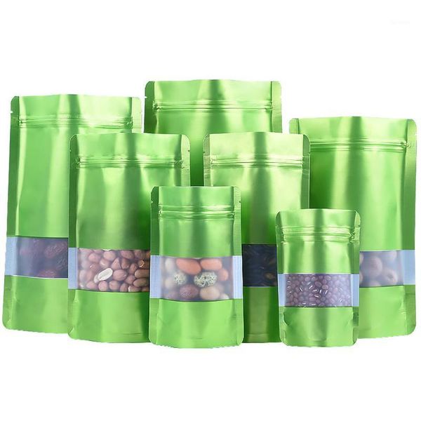 100 unids/lote de bolsas con cremallera de papel de aluminio verde mate, bolsa de Mylar con cierre automático, ventana transparente, dulces, galletas, aperitivos, almacenamiento de café