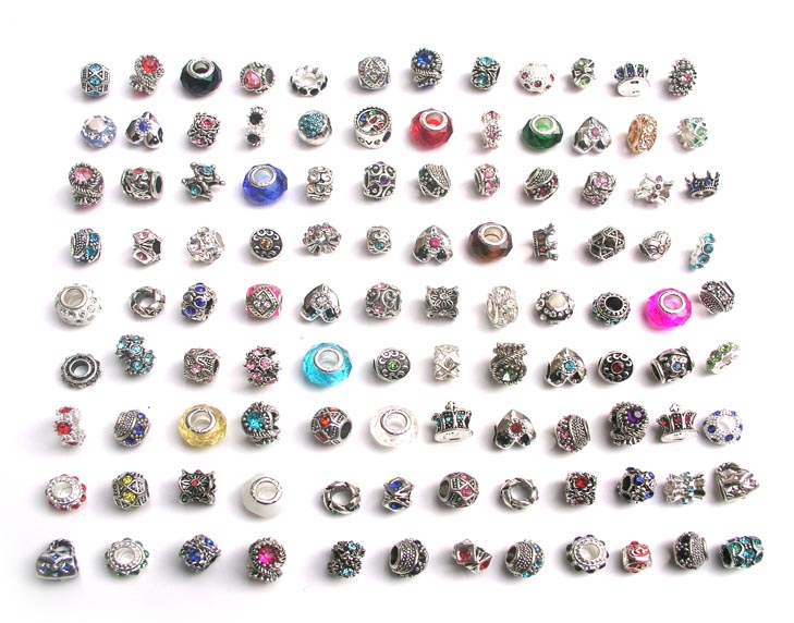 Gratis Verzending 100 stks / partij Mix Stijl Kleurrijke Rhinestone Metalen Grote Gat Kralen Crystal Glas Charms Fit Europese DIY Armband Sieraden DIY