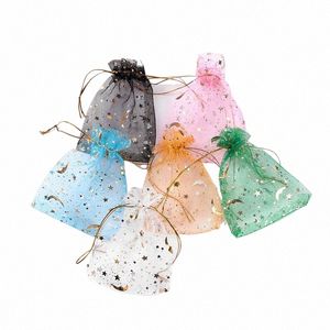 100pcs / lot Mo Star Organza Sacs 7x9cm Small Christmas Drawstring Gift Bag Boîtes Boîtes de bijoux Organisateur Sacs d'emballage Sacs 438R #