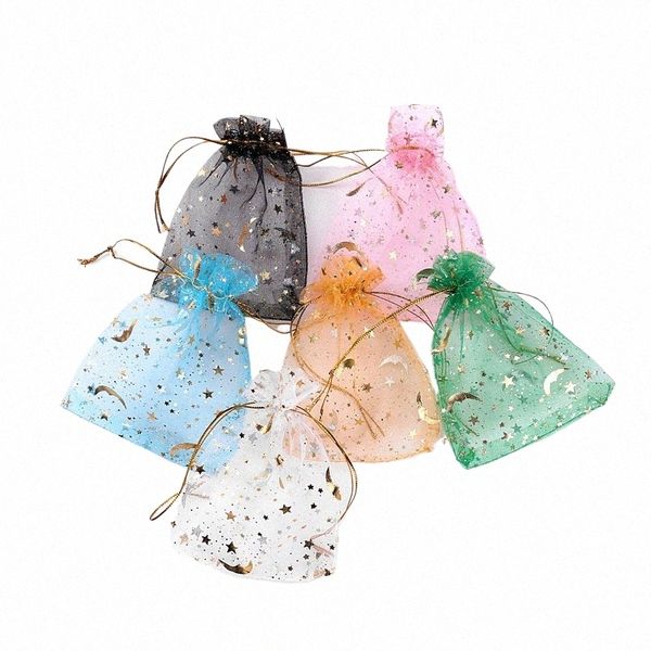 100pcs / lot Mo Star Organza Sacs 7x9cm Small Christmas Drawstring Gift Bag Boîtes Boîtes de bijoux Organisateur Sacs d'emballage Sacs 438R #