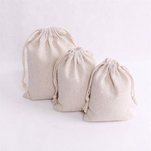 100pcs / lot sacs en coton de couleur naturelle petite fête faveurs lin cordon sac cadeau mousseline pochette bracelet bijoux emballage sacs248z