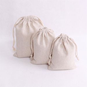 100pcs / lot sacs en coton de couleur naturelle petite fête faveurs lin cordon sac cadeau mousseline pochette bracelet bijoux emballage sacs261Q