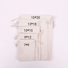 100 pcs/Lot sacs en coton naturel 7x9 9x12 10x15 13x18 15x20 cm pochettes cadeaux à cordon sacs de rangement à domicile sac d'emballage personnalisé 231226