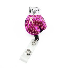 5 -stcs/lot Custom Bling Rhinestone Crystal Breast Cancer Awareness Roze lint boksende handschoen Badge Reelhouder voor decoratie