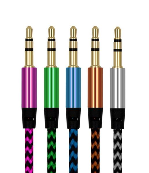 100pcs/lote Nylon de 3.5 mm a 3.5 mm Cable de cable macho a masculino Cable auxiliar de coches de oro para iPhone 7 para altavoz8735211