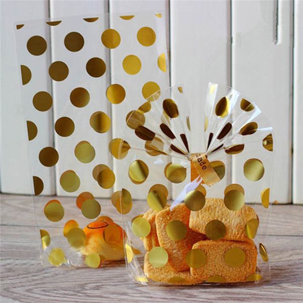 100 unids/lote bolsa de regalo de galletas de caramelo de celofán transparente de lunares blancos dorados de plástico con suministros de fiesta de cumpleaños de boda DIY