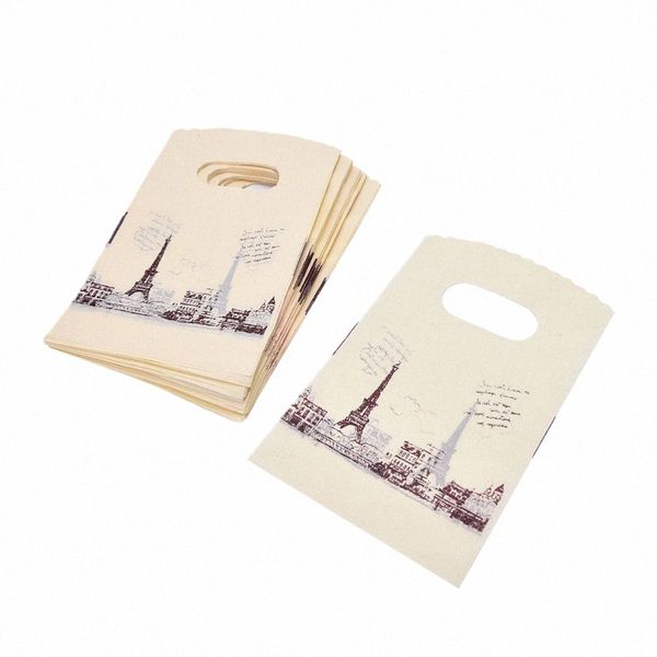 100pcs / lot Sacs de magasin en plastique Vintage Sacs d'emballage de tour Eiffel jaune avec poignée 9 x 15cm en gros F6RS #