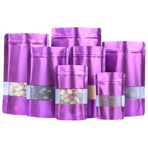 Sac à fenêtre Transparent givré en aluminium violet, 100 pièces/lot, fermeture éclair, encoche de déchirure, aliments, fruits secs, bonbons, collation, thé