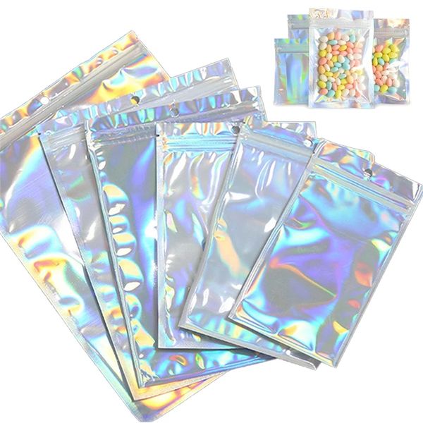 100 unids/lote bolsa de papel de aluminio resellable bolsas de embalaje de plástico para venta al por menor bolsa holográfica sellable a prueba de olores para almacenamiento de alimentos