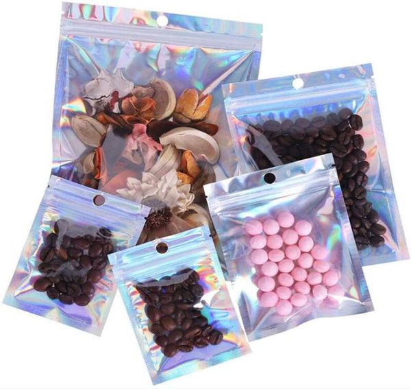 100pcs / lot sacs d'emballage de détail en plastique refermables pochette en aluminium holographique sac anti-odeur pour le stockage des aliments 7564026