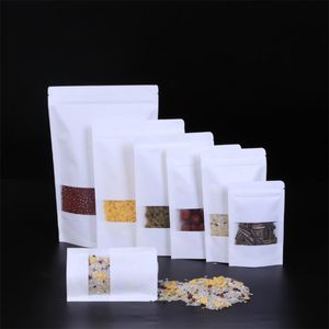 100pcs / lot Scellable Kraft Zipper Stand Up Bag Sacs en papier blanc refermables pour le stockage des aliments avec pochette à fenêtre mate