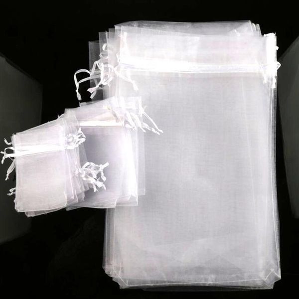 100pcs Lot Sell 4Sizes White Organza Bijoux Gift Sacs Sacs pour les faveurs de mariage Bijoux 300K