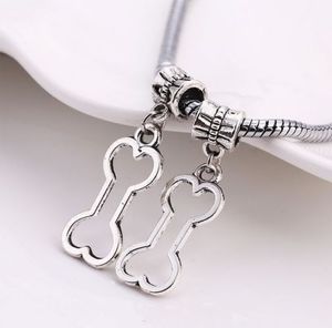 100pcs/lot Silver Plated Dog Bone Big Hole Charms pendant Dangle Beads For Bracelet diy Jewelry Making findings