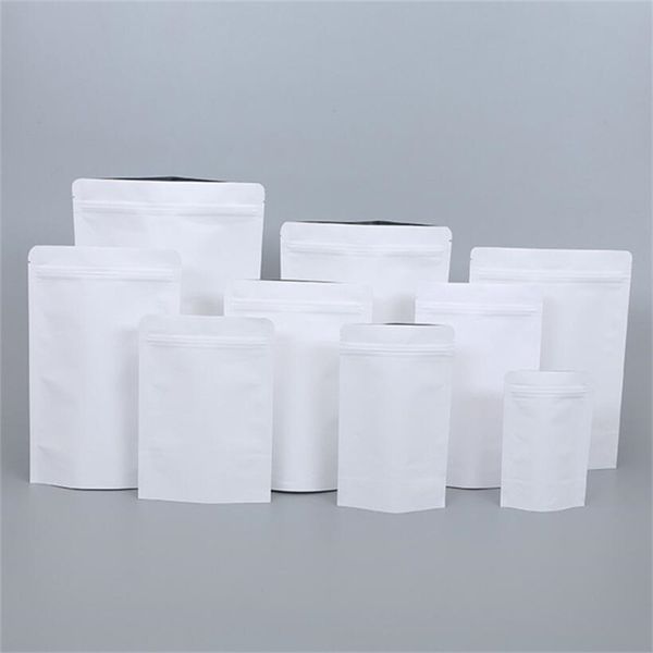 100 pcs/lot Stand Up blanc papier Kraft papier d'aluminium sac emballage pochette alimentaire thé Snack sacs refermables emballage de stockage