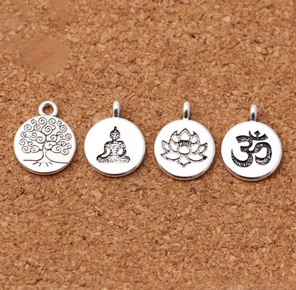 Lote de 100 unidades de colgantes de Metal de 15mm con etiqueta redonda de plata tibetana, loto/árbol de la vida/Buda, accesorios para fabricación de joyas