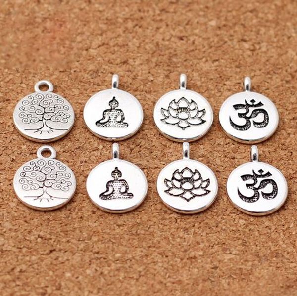 100 unids/lote loto redondo de plata tibetana/árbol de la vida/dijes de Buda 15mm colgantes de Metal hechos a mano accesorios de fabricación de joyas DIY
